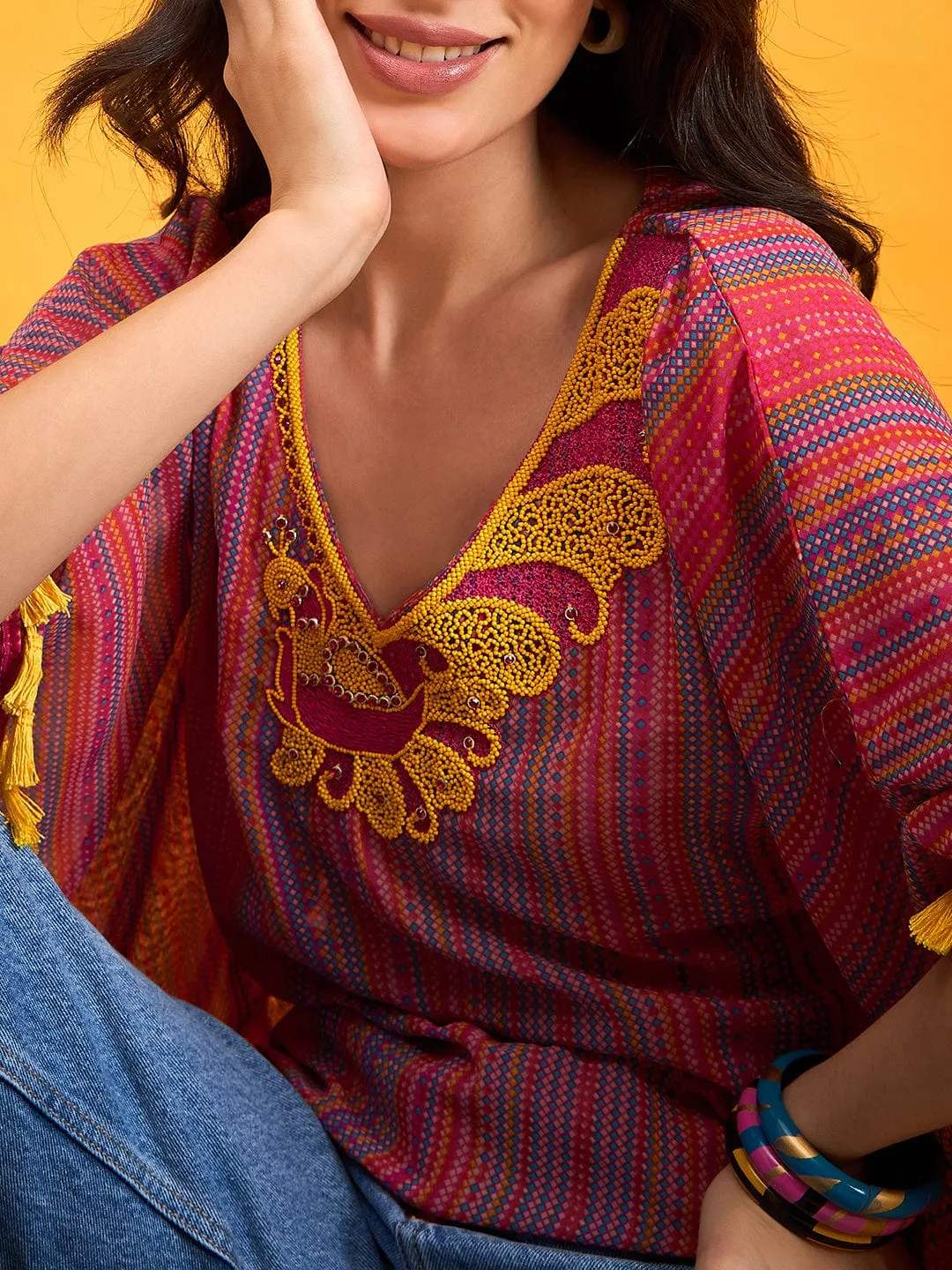 Multi Coloured Embroidered Tribal Kaftan Top