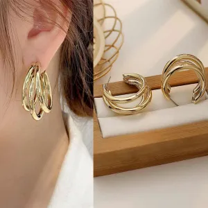 Multiple Rows Circle Gold Platted Hoop Earrings C Shaped Earrings Triple Open Minimalist Hoop Earrings Simple Jewelry