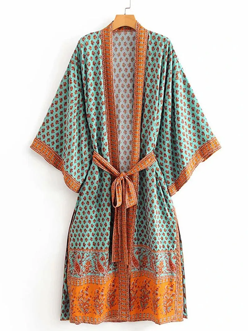 Bohemian Print Kimono Duster Robe in Vibrant Contrast Green, Long-Length Cotton Nightgown