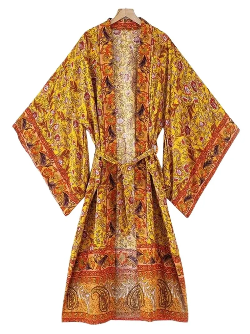 Nightwear Cotton Long Length Floral Print Yellow Color Gown Kimono Duster Robe