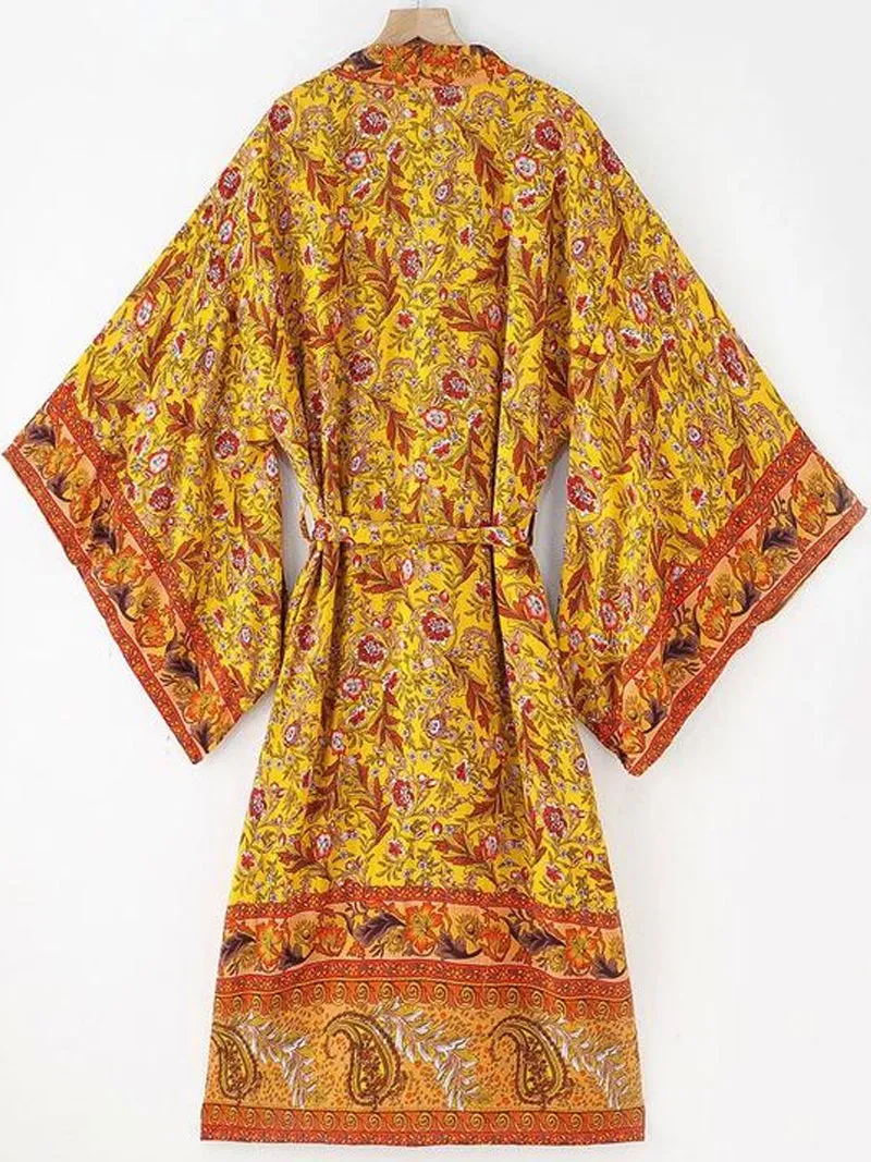 Nightwear Cotton Long Length Floral Print Yellow Color Gown Kimono Duster Robe