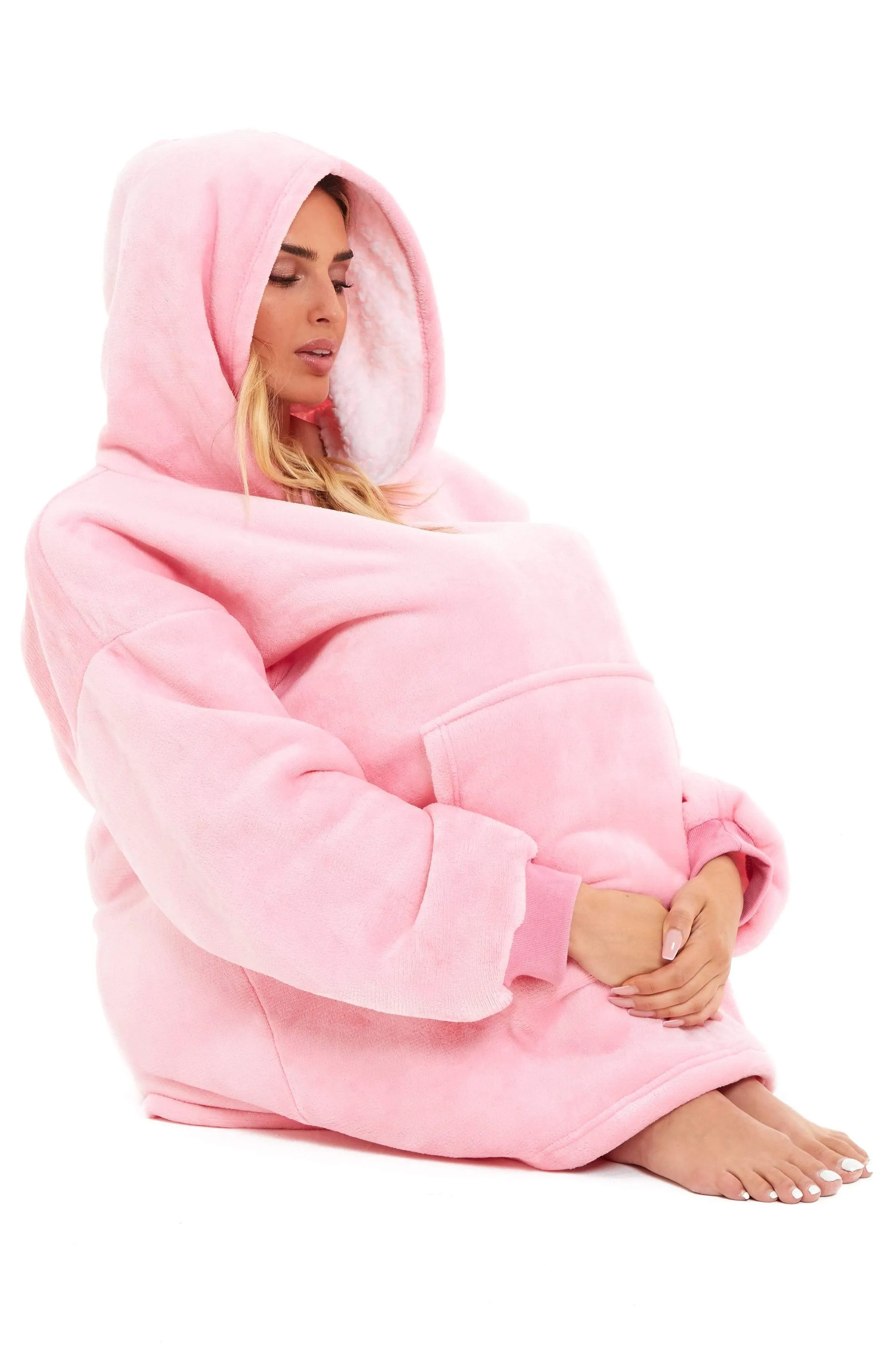 Oversized Reversible Sherpa and Plush Fleece Hooded Blanket Grey and Pink Ultimate Warmth and Comfort Hoodie for Adults and Kids by Daisy Dreamer