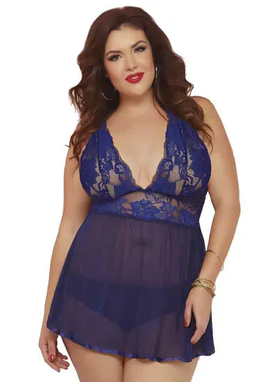 Plus size lace mesh see through babydoll nightwear