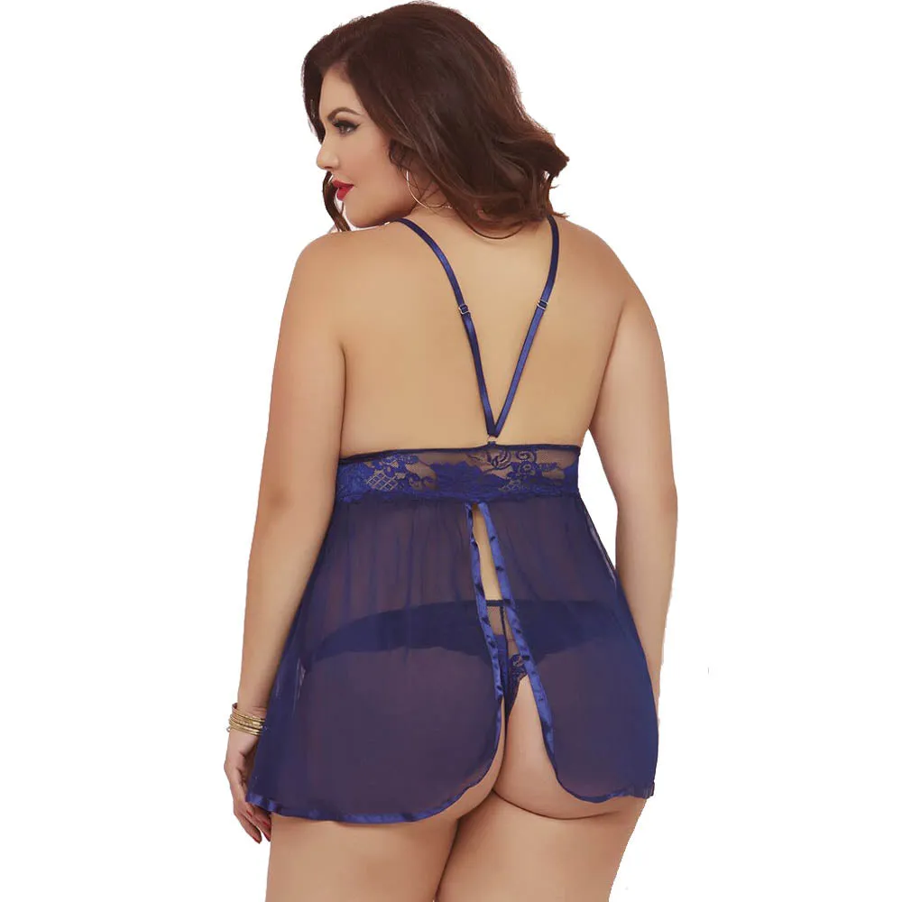 Plus size lace mesh see through babydoll nightwear