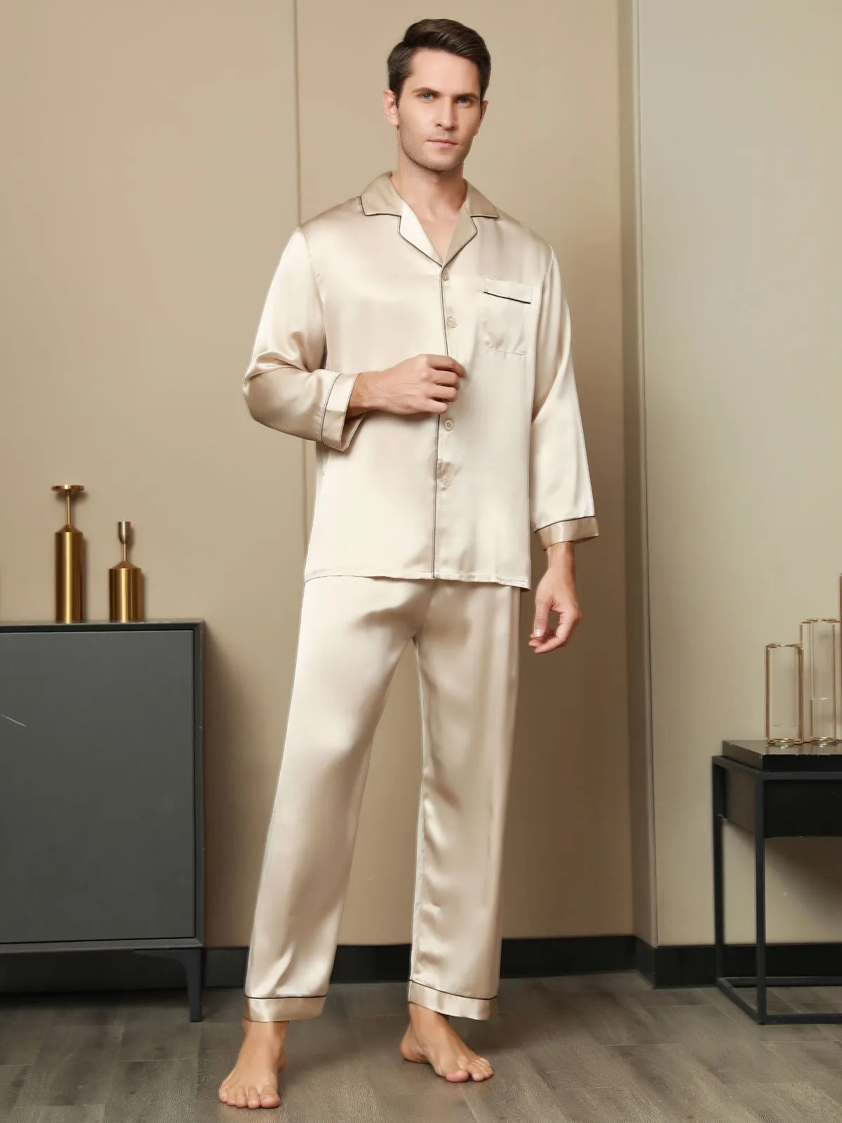 Pure Silk Men‘s Lapel Pajama Set 2Pcs