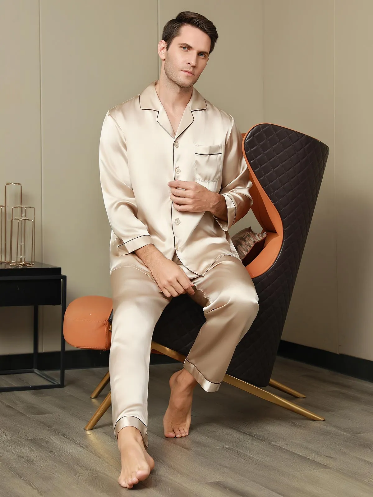 Pure Silk Men‘s Lapel Pajama Set 2Pcs