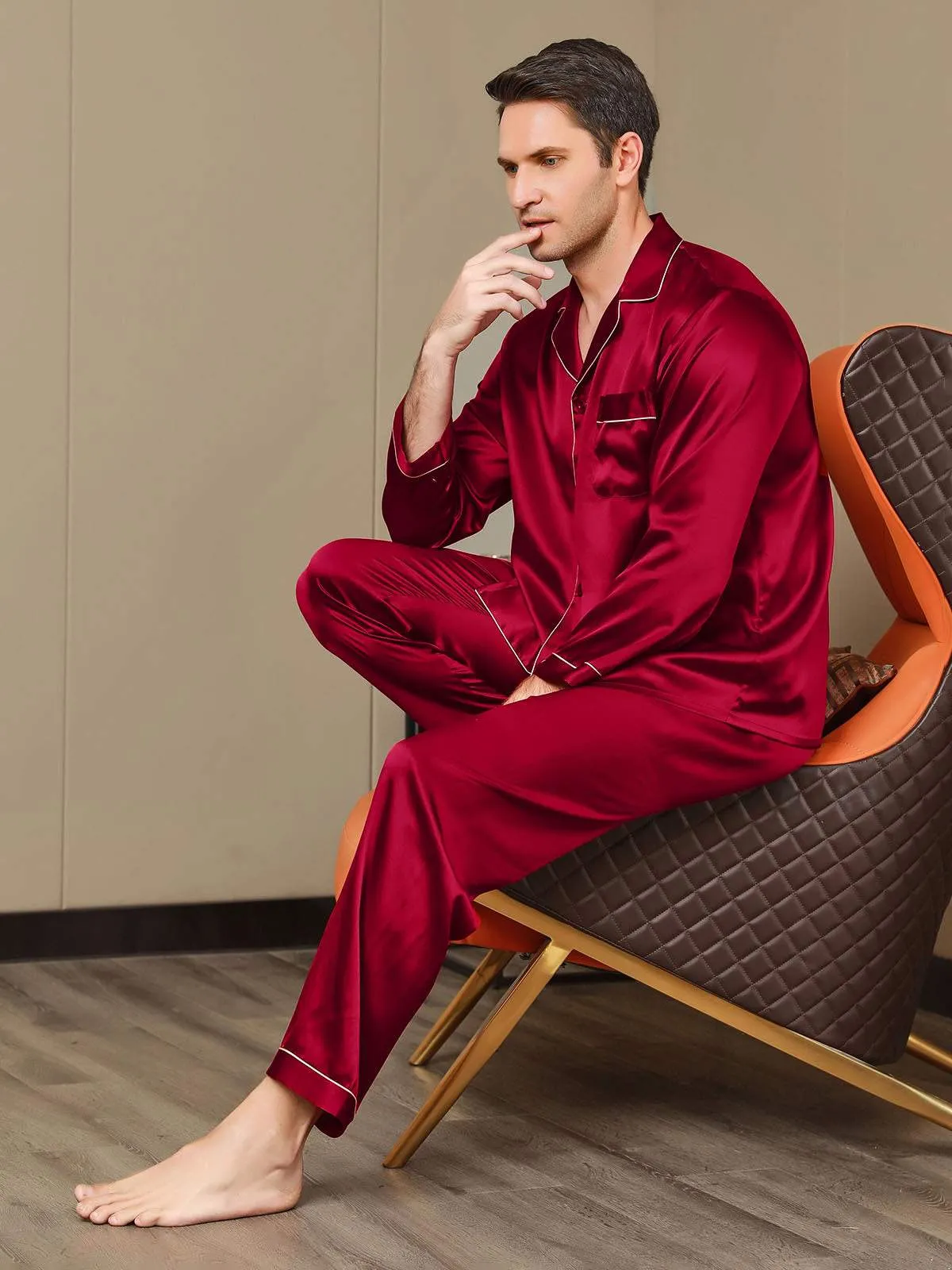 Pure Silk Men‘s Lapel Pajama Set 2Pcs