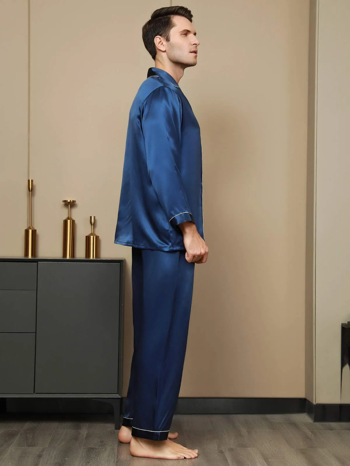 Pure Silk Men‘s Lapel Pajama Set 2Pcs