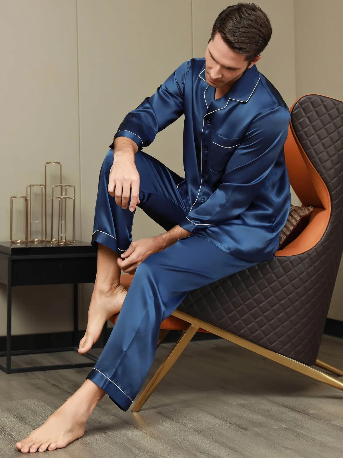 Pure Silk Men‘s Lapel Pajama Set 2Pcs