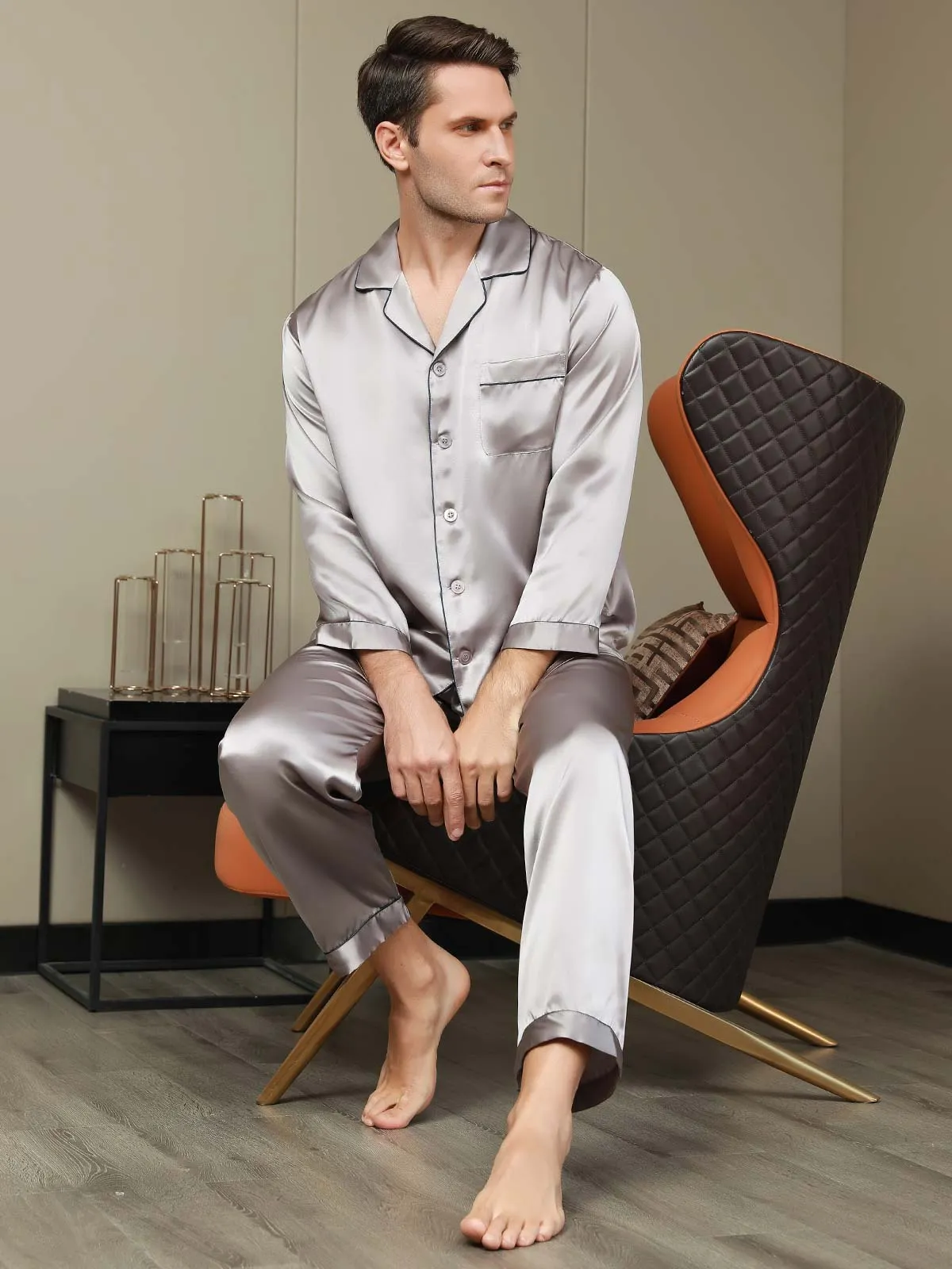 Pure Silk Men‘s Lapel Pajama Set 2Pcs