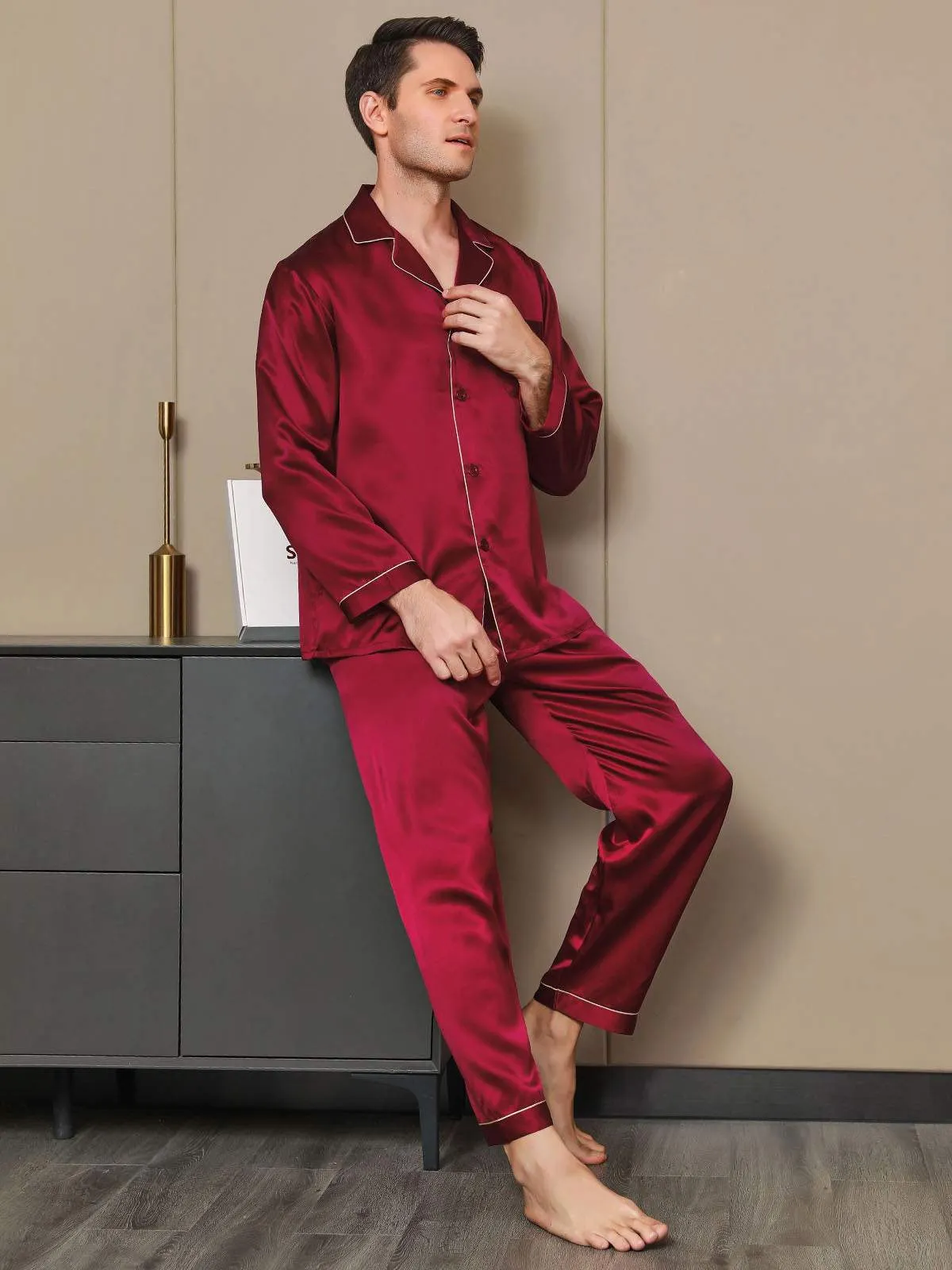 Pure Silk Men‘s Lapel Pajama Set 2Pcs