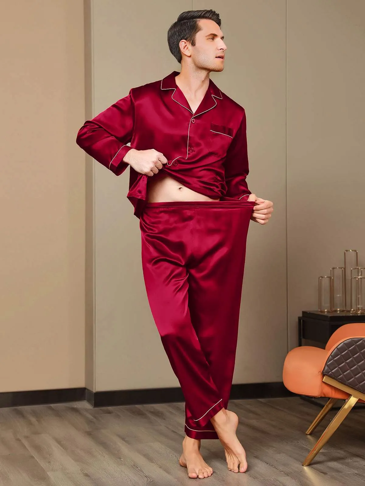 Pure Silk Men‘s Lapel Pajama Set 2Pcs