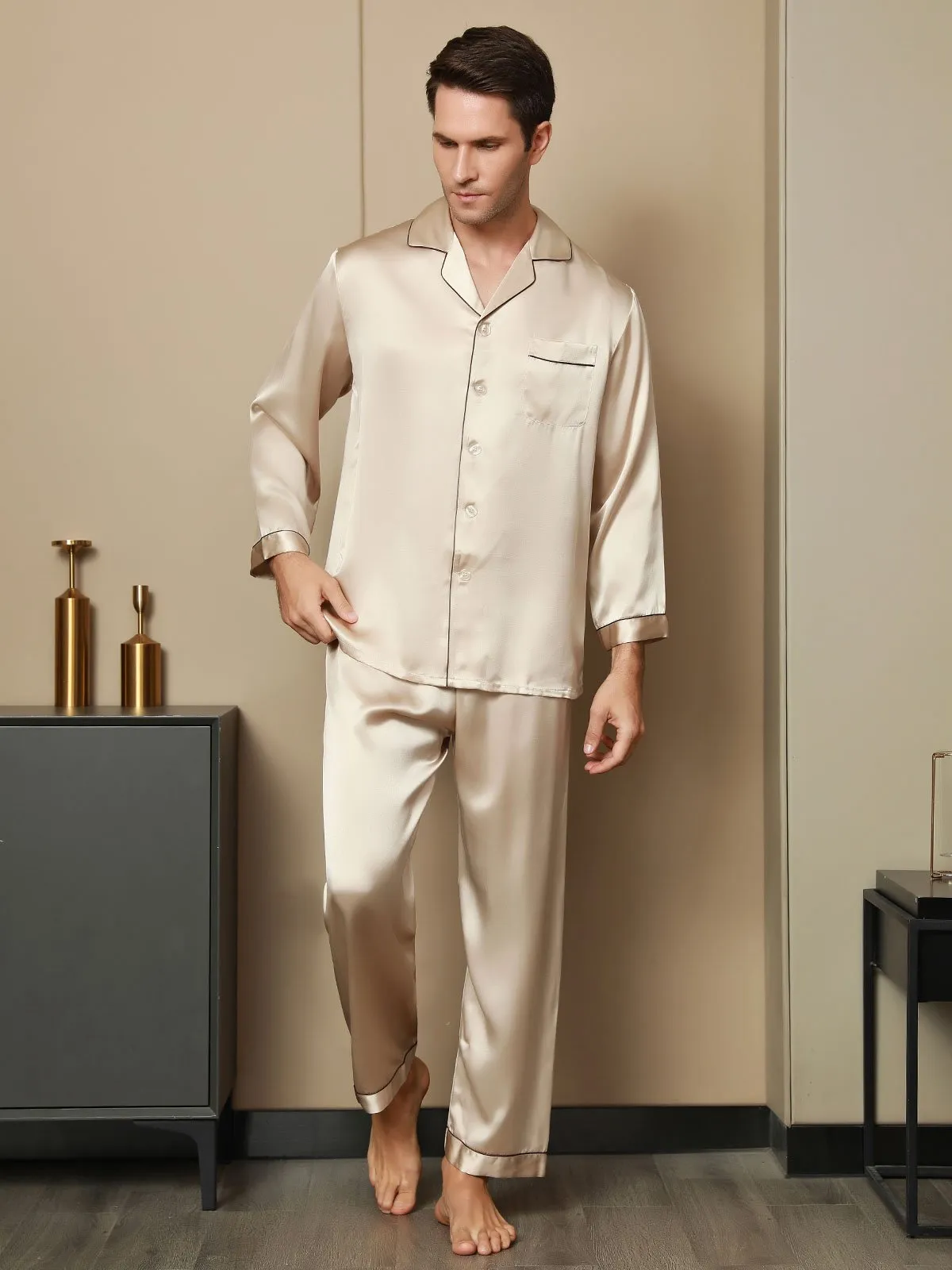 Pure Silk Men‘s Lapel Pajama Set 2Pcs