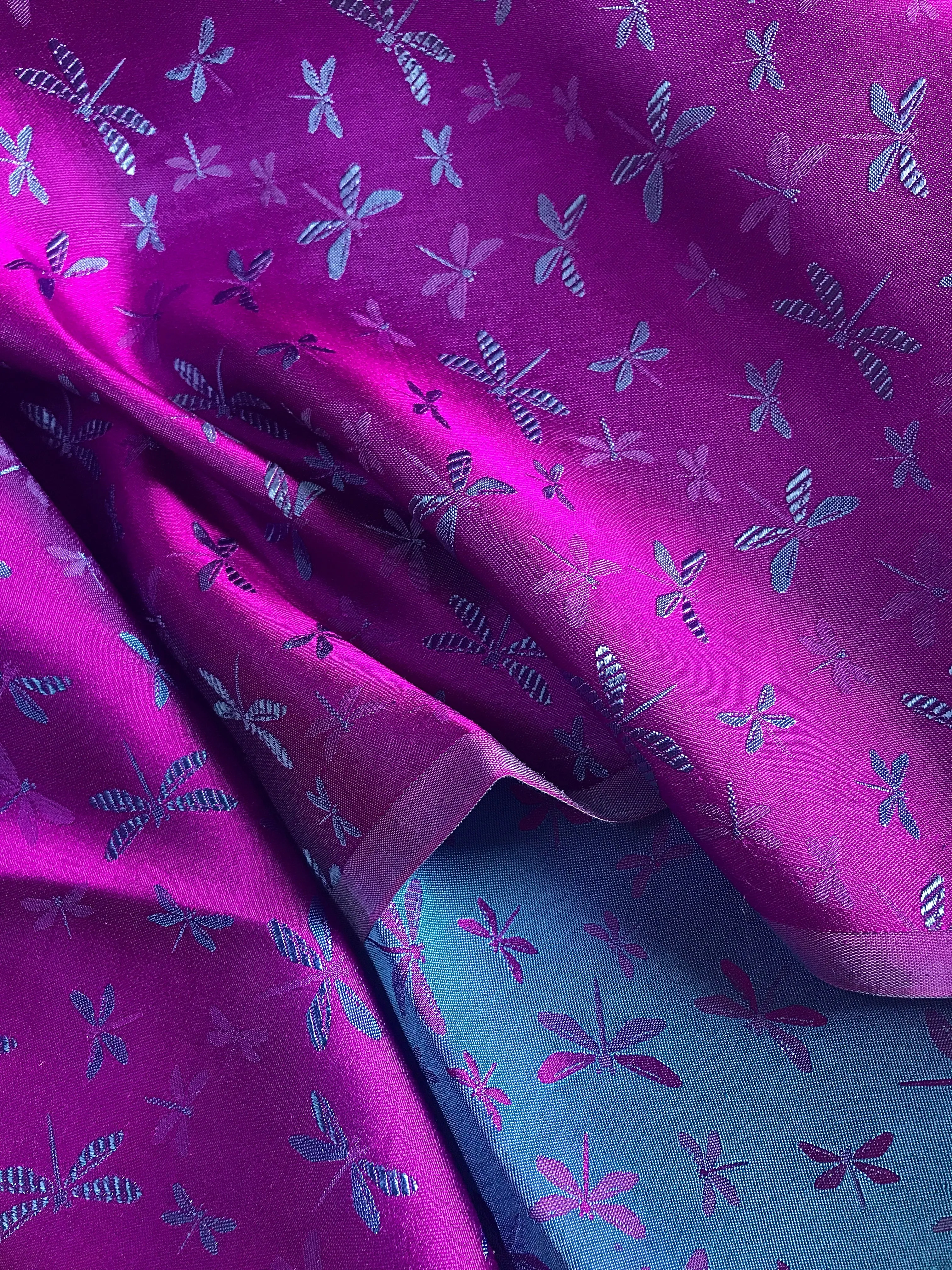 Purple silk with Navy Dragonfly patterns - PURE MULBERRY SILK fabric by the yard - Gragonfly silk -Luxury Silk - Natural silk - Handmade in VietNam