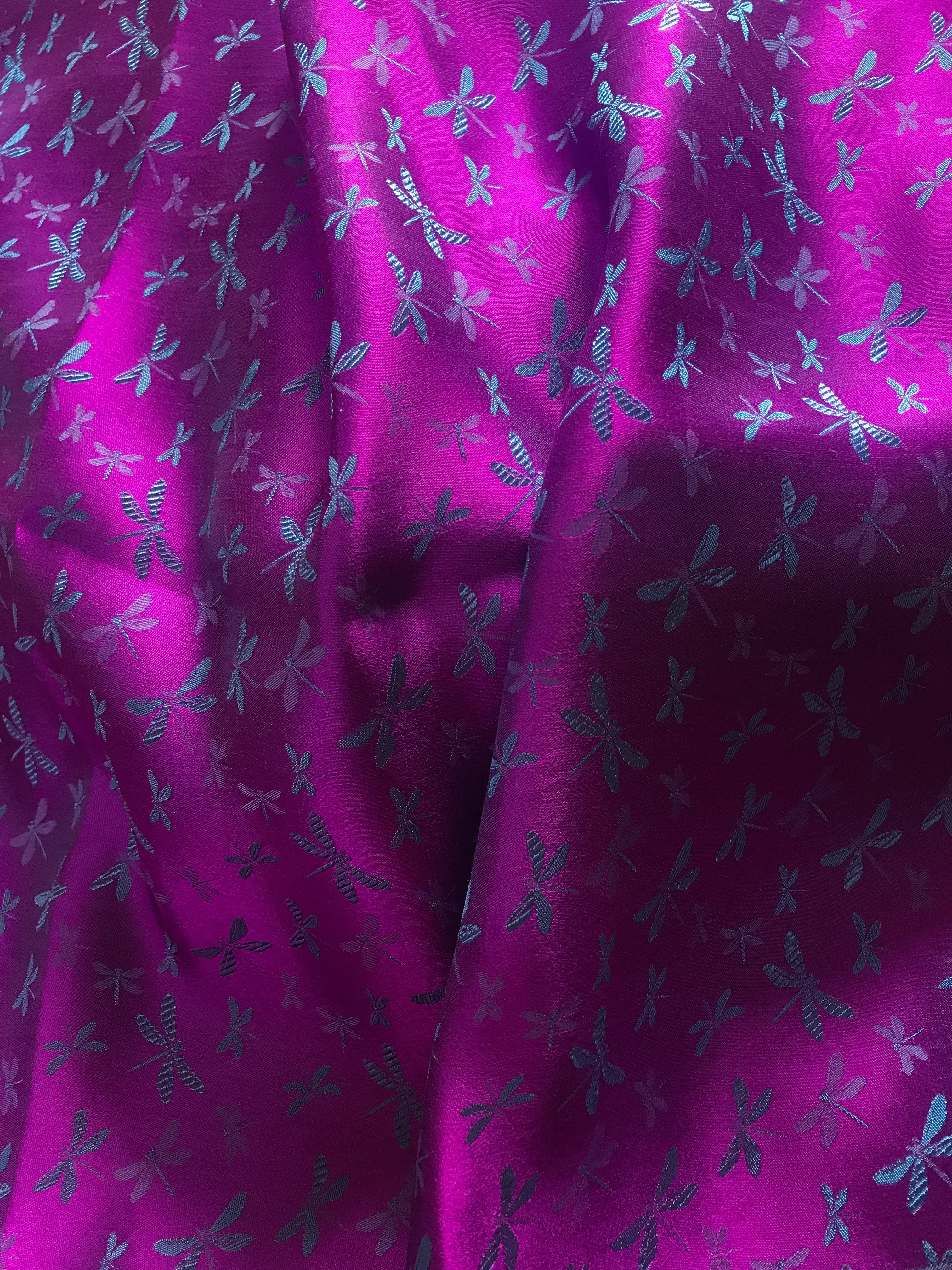 Purple silk with Navy Dragonfly patterns - PURE MULBERRY SILK fabric by the yard - Gragonfly silk -Luxury Silk - Natural silk - Handmade in VietNam