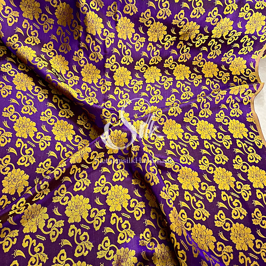 Purple Silk with Yellow Flowers - PURE MULBERRY SILK fabric by the yard -  Floral Silk -Luxury Silk - Natural silk - Handmade in VietNam- Silk with Design