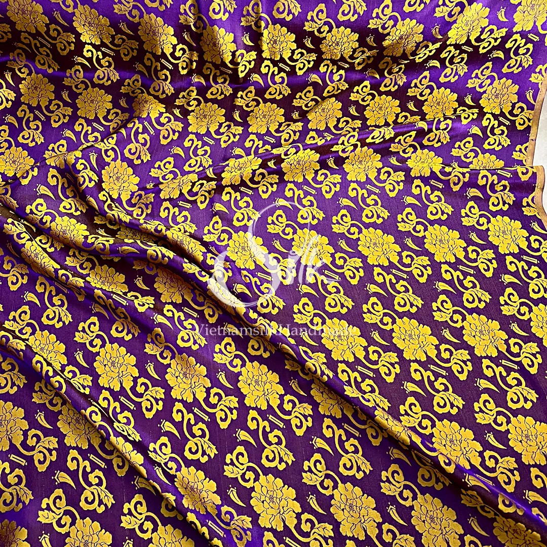 Purple Silk with Yellow Flowers - PURE MULBERRY SILK fabric by the yard -  Floral Silk -Luxury Silk - Natural silk - Handmade in VietNam- Silk with Design