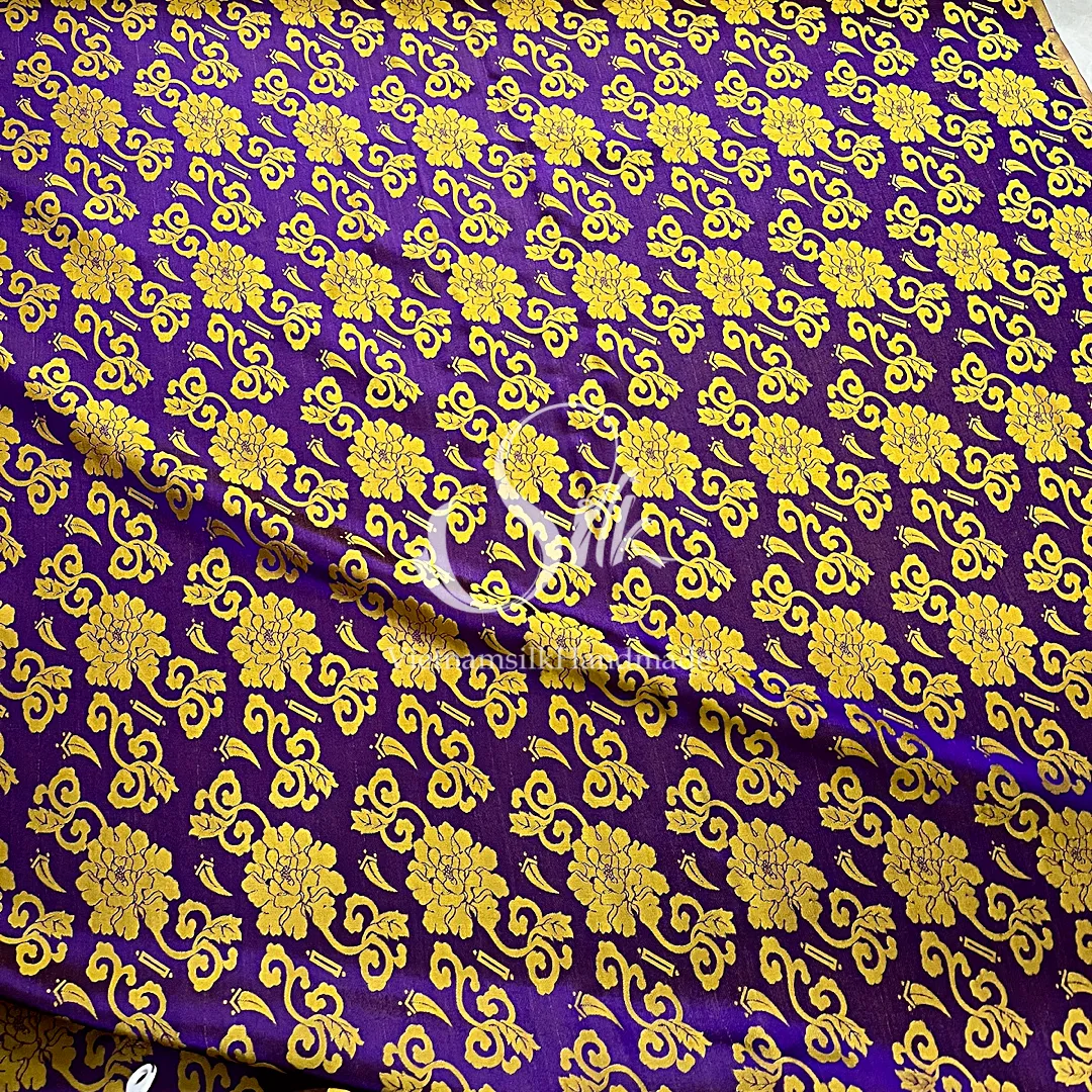 Purple Silk with Yellow Flowers - PURE MULBERRY SILK fabric by the yard -  Floral Silk -Luxury Silk - Natural silk - Handmade in VietNam- Silk with Design