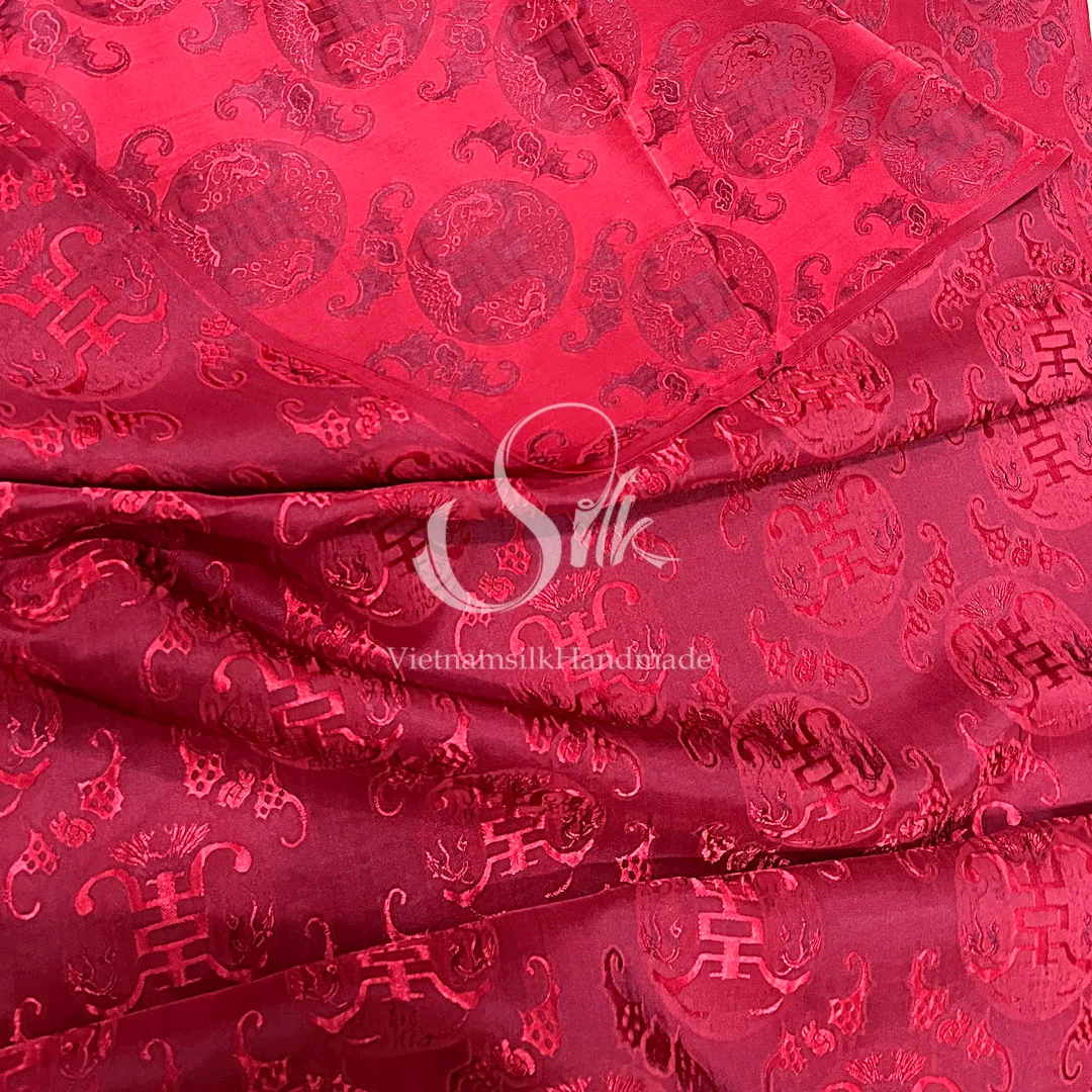 Red Silk with THỌ DƠI patterns  - PURE MULBERRY SILK fabric by the yard -  Floral Silk -Luxury Silk - Natural silk - Handmade in VietNam- Silk with Design