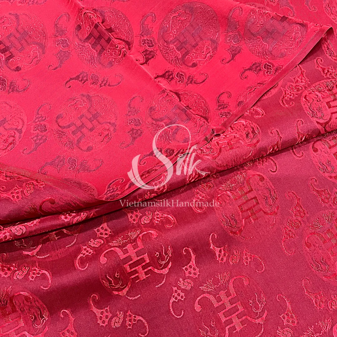 Red Silk with THỌ DƠI patterns  - PURE MULBERRY SILK fabric by the yard -  Floral Silk -Luxury Silk - Natural silk - Handmade in VietNam- Silk with Design