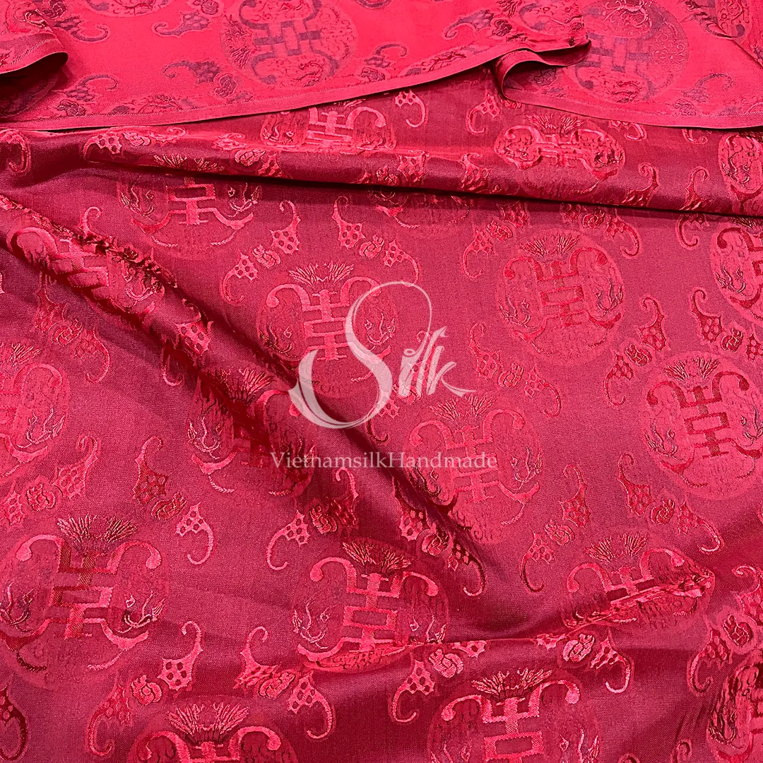 Red Silk with THỌ DƠI patterns  - PURE MULBERRY SILK fabric by the yard -  Floral Silk -Luxury Silk - Natural silk - Handmade in VietNam- Silk with Design