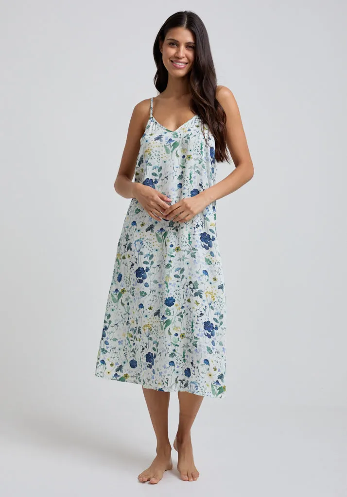 Rosie V-Neck Pressed Floral Print Nightie In Blue