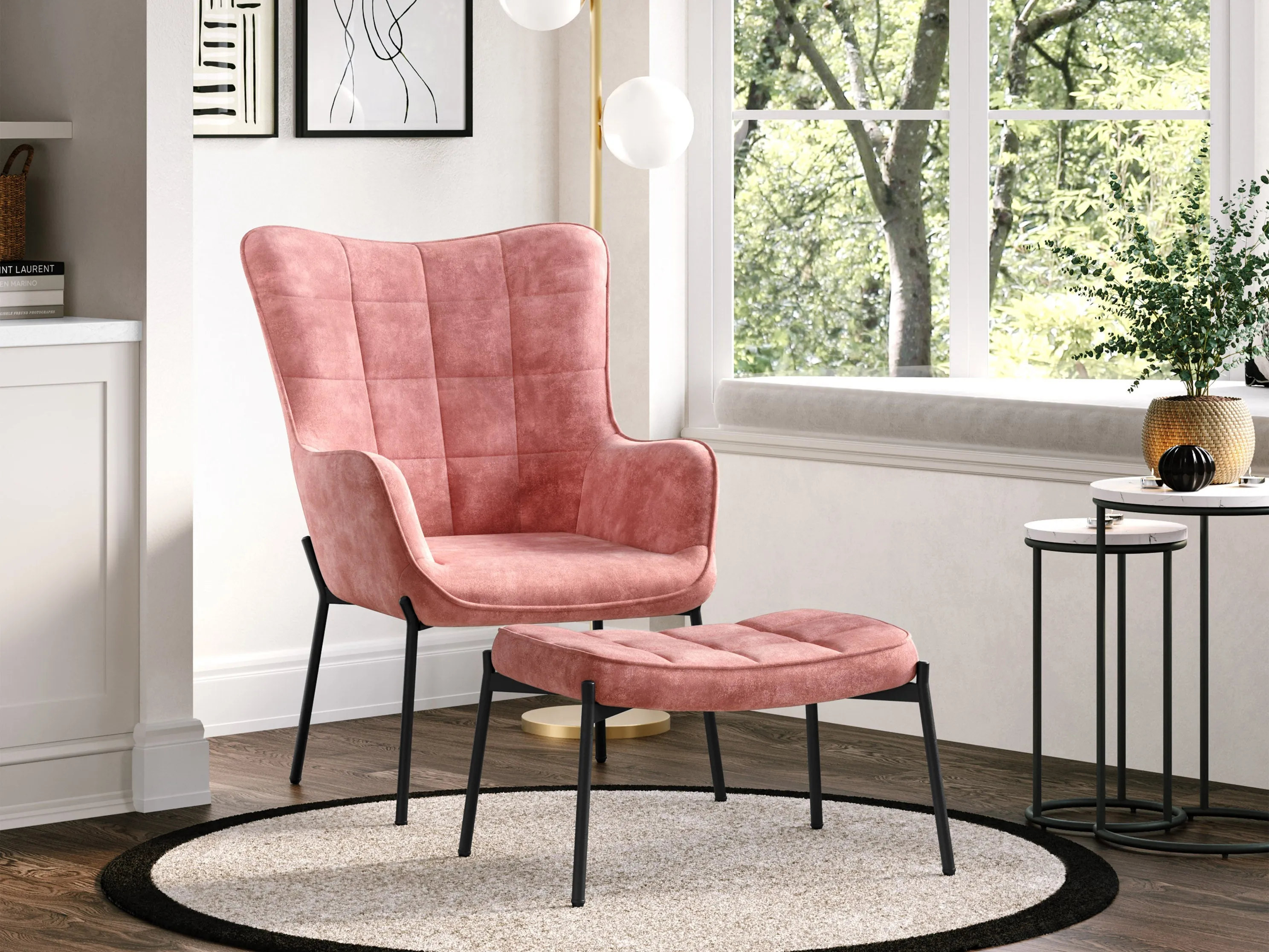 Salmon Pink Velvet Accent Chair with Stool