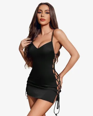 Satin Chemise V-Neck Side Lace-up Dress