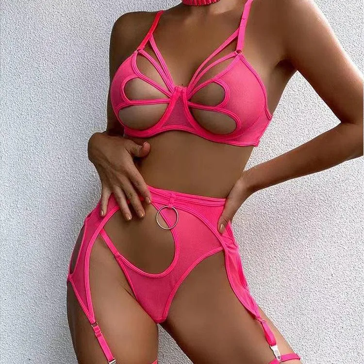 Sexy Lingerie Sexy Cutout Lanyard Stitching Four-piece Set