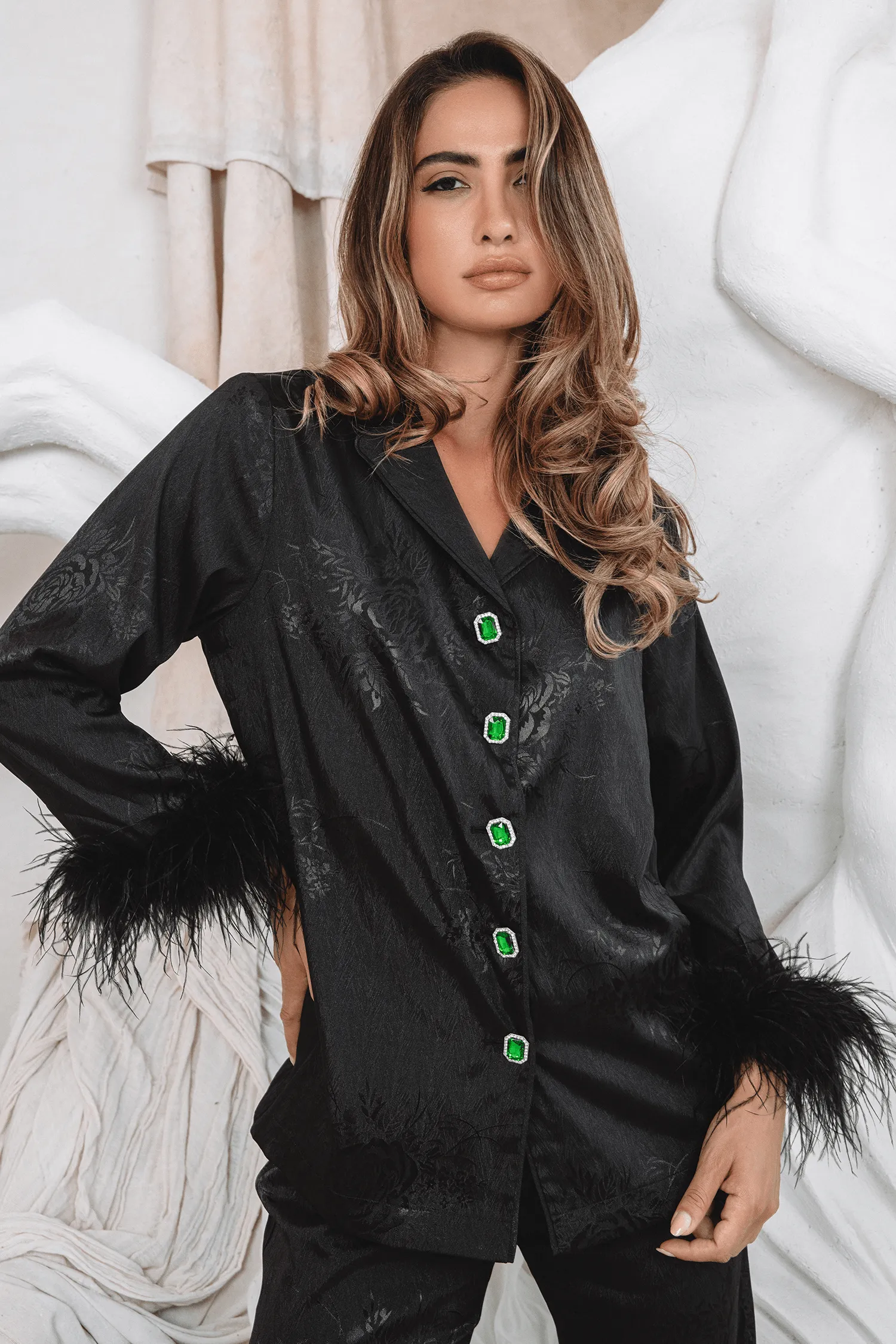 SYDNEY Feather Trim Satin Jacquard Pyjama in Black