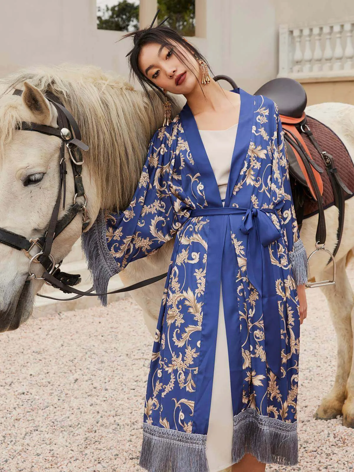 Tassels Blue Kimono Robe