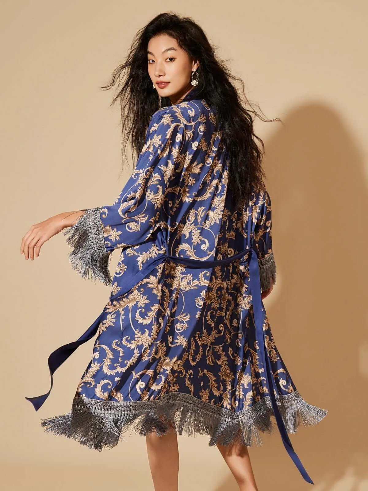 Tassels Blue Kimono Robe