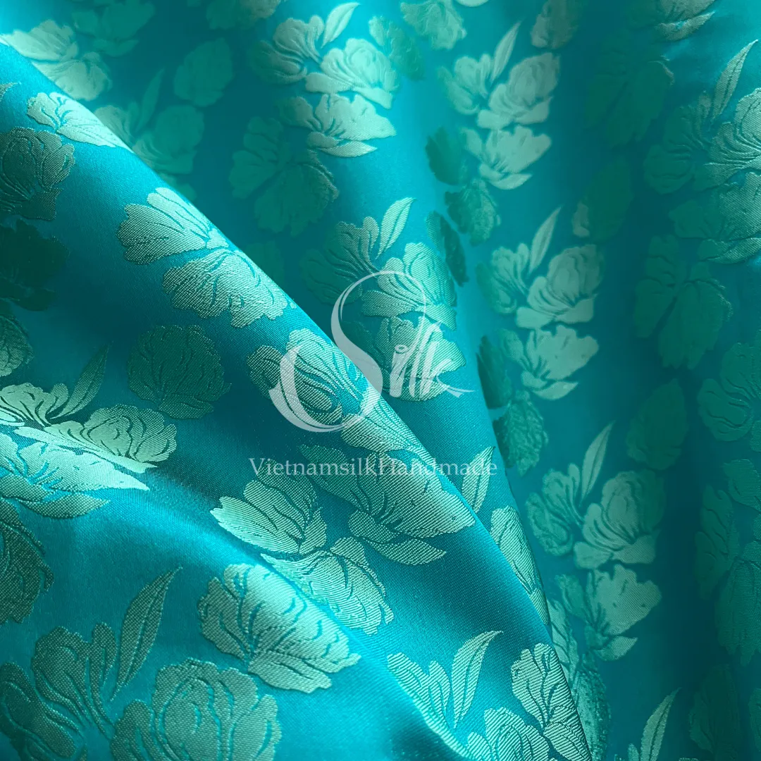 Turquoise Blue Silk with Big Flowers - PURE MULBERRY SILK fabric by the yard -  Floral Silk -Luxury Silk - Natural silk - Handmade in VietNam