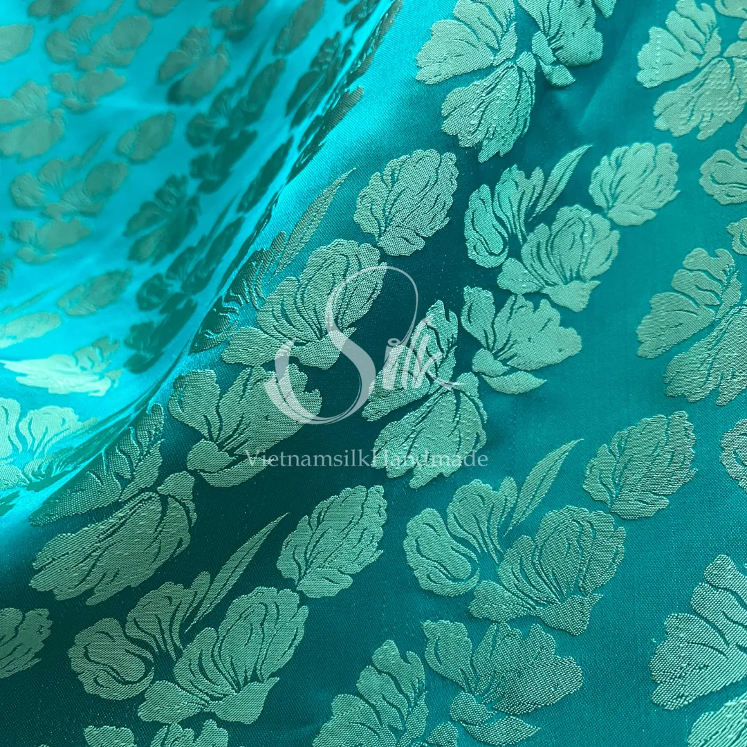 Turquoise Blue Silk with Big Flowers - PURE MULBERRY SILK fabric by the yard -  Floral Silk -Luxury Silk - Natural silk - Handmade in VietNam