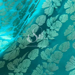 Turquoise Blue Silk with Big Flowers - PURE MULBERRY SILK fabric by the yard -  Floral Silk -Luxury Silk - Natural silk - Handmade in VietNam