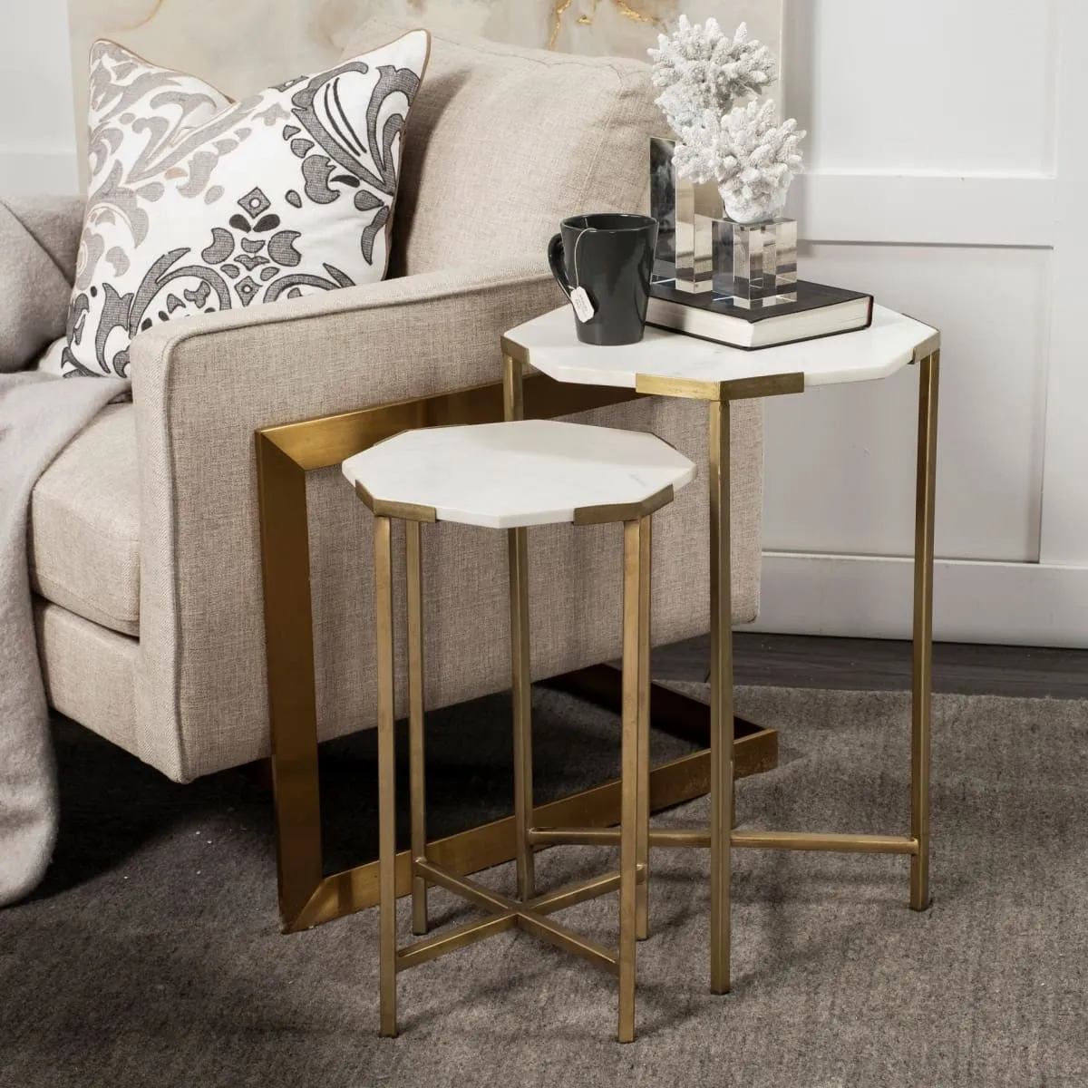 Vincent End Side Table White Marble | Gold Iron | Set of 2