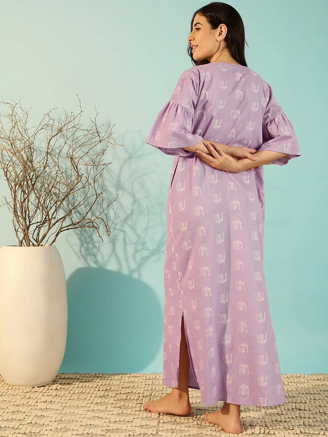 Women Peacock Block Lilac Linen Elegant Nightdress