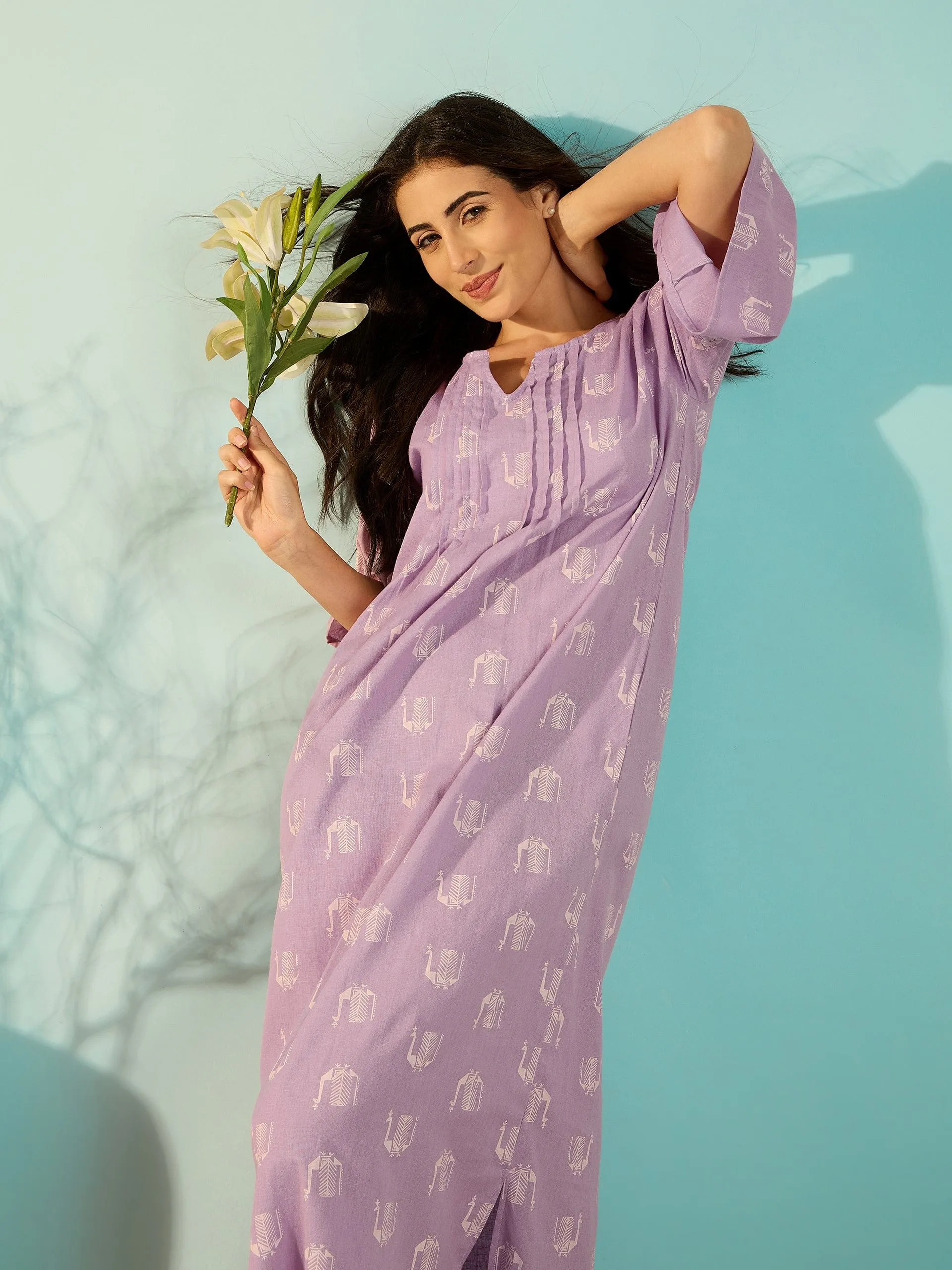 Women Peacock Block Lilac Linen Elegant Nightdress