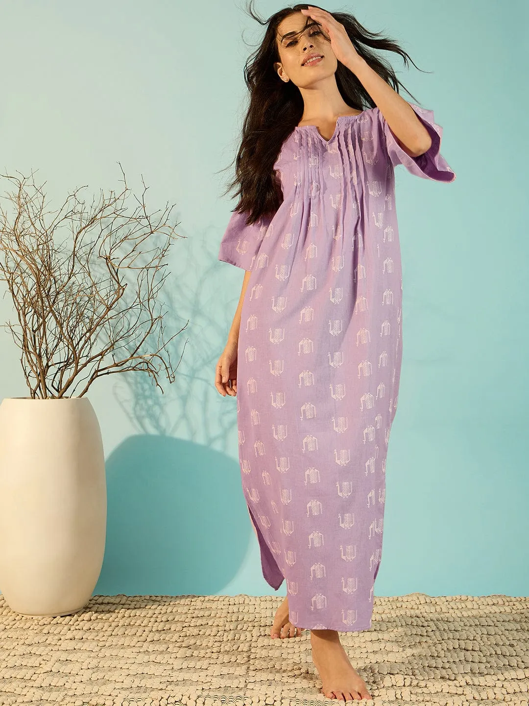 Women Peacock Block Lilac Linen Elegant Nightdress