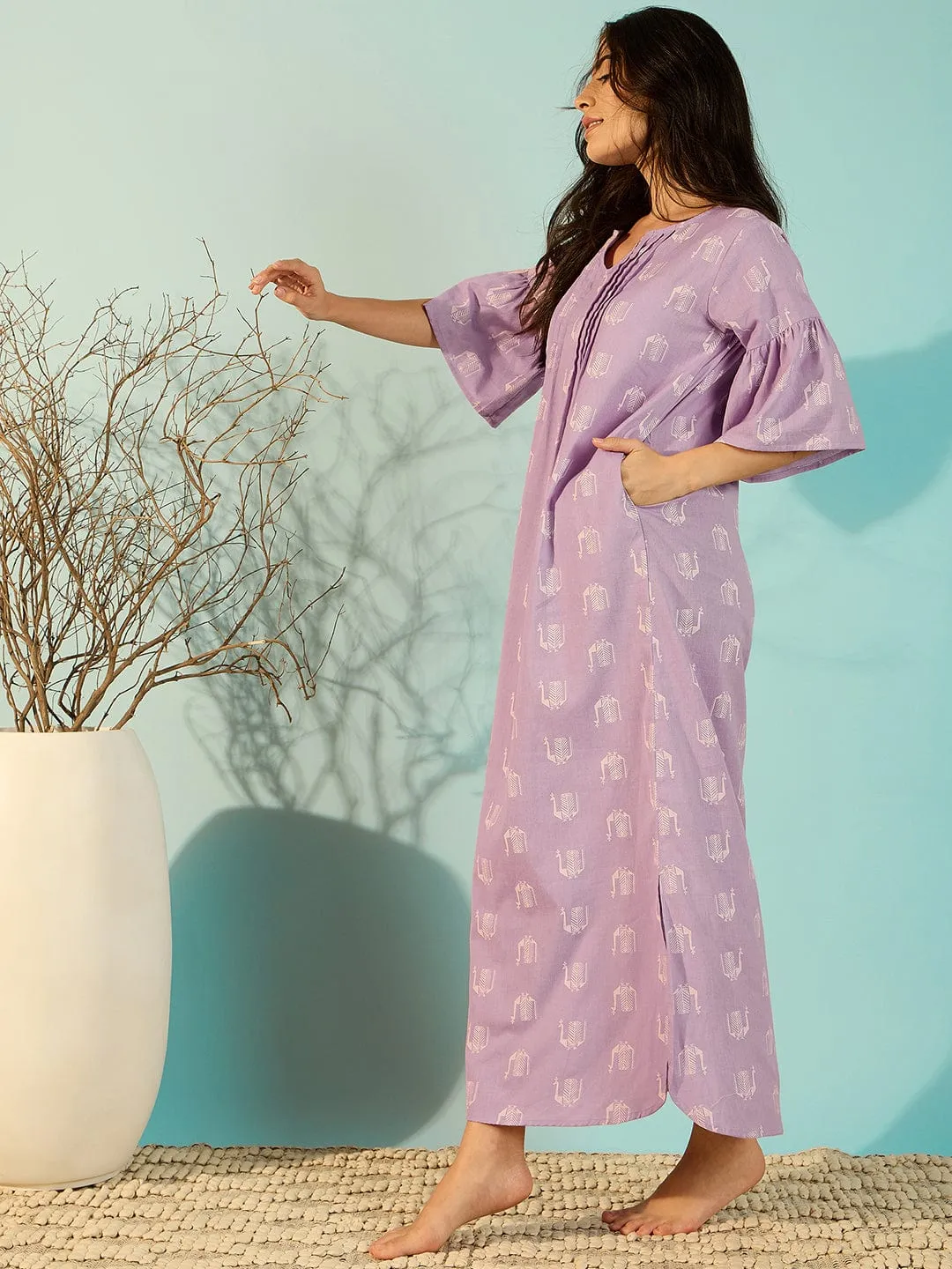 Women Peacock Block Lilac Linen Elegant Nightdress