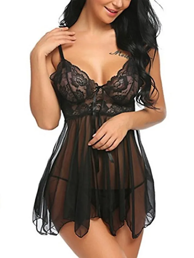 Women's Babydoll & Slips Sexy Lingerie Chemises & Negligees Floral Jacquard POLY Mesh Lace Belt Included Spring & Summer Fall & Winter Black Purple / Spandex / Bow