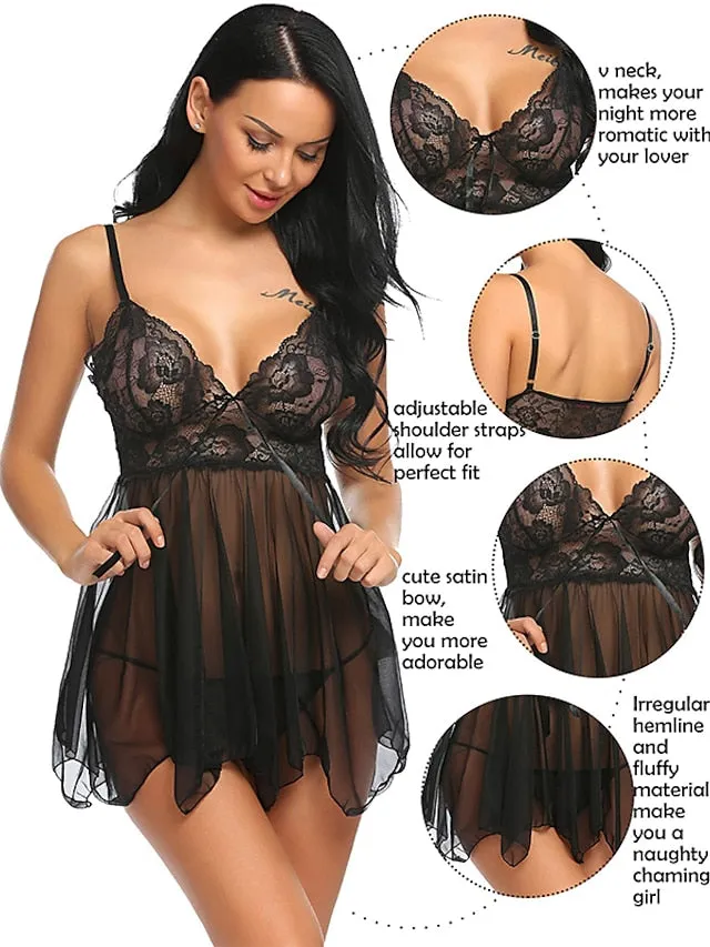 Women's Babydoll & Slips Sexy Lingerie Chemises & Negligees Floral Jacquard POLY Mesh Lace Belt Included Spring & Summer Fall & Winter Black Purple / Spandex / Bow