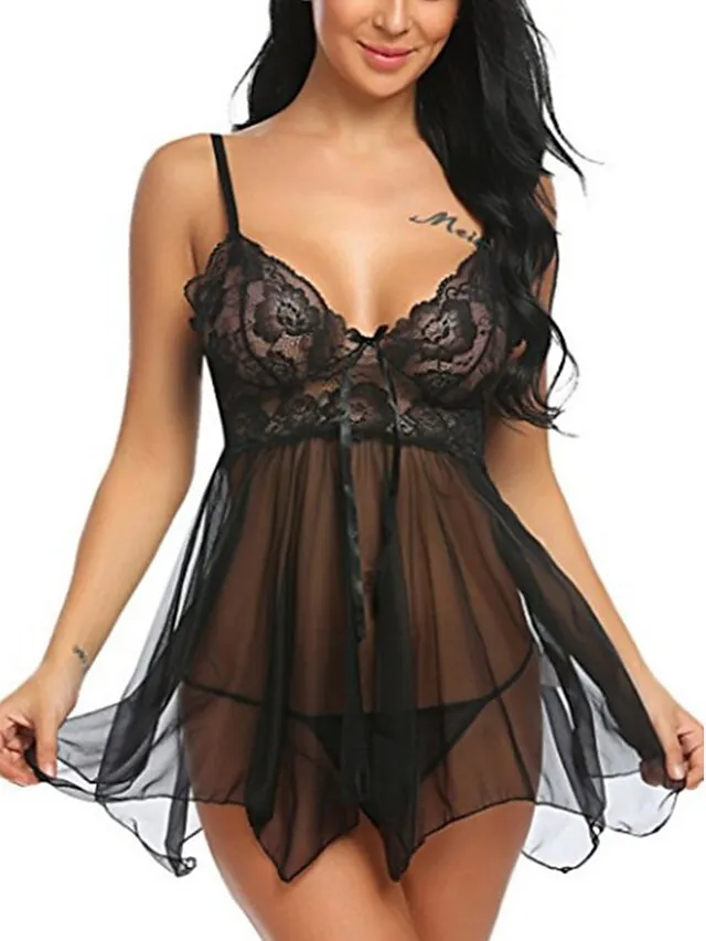 Women's Babydoll & Slips Sexy Lingerie Chemises & Negligees Floral Jacquard POLY Mesh Lace Belt Included Spring & Summer Fall & Winter Black Purple / Spandex / Bow