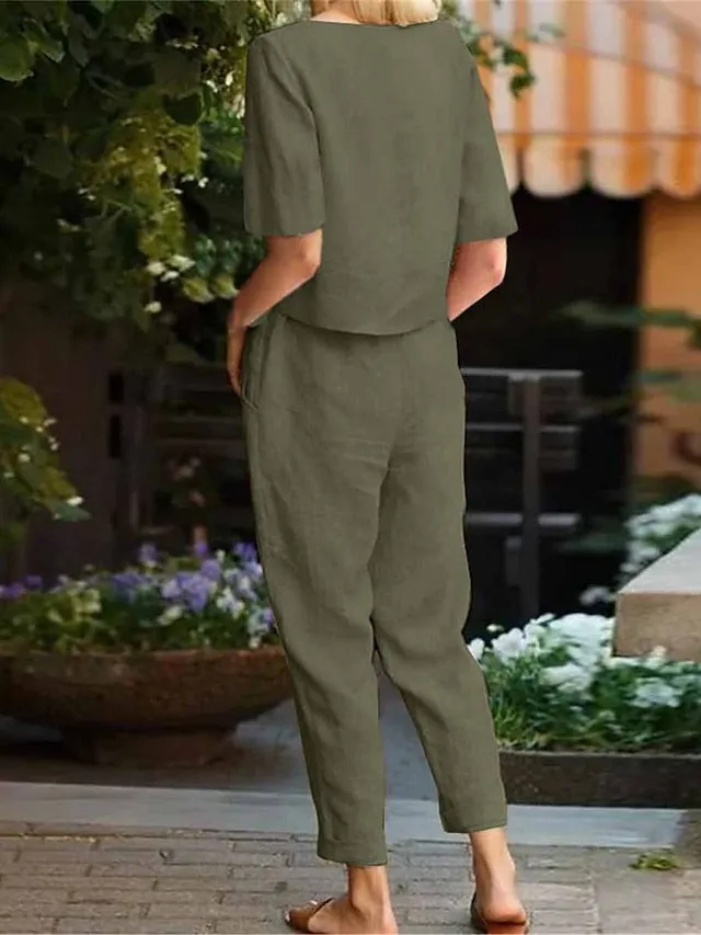 Women's Loungewear Sets Pure Color Fashion Simple Casual Street Date Airport Cotton And Linen Breathable Crew Neck Half Sleeve T shirt Tee Pant Pocket Summer Spring Army Green Orange