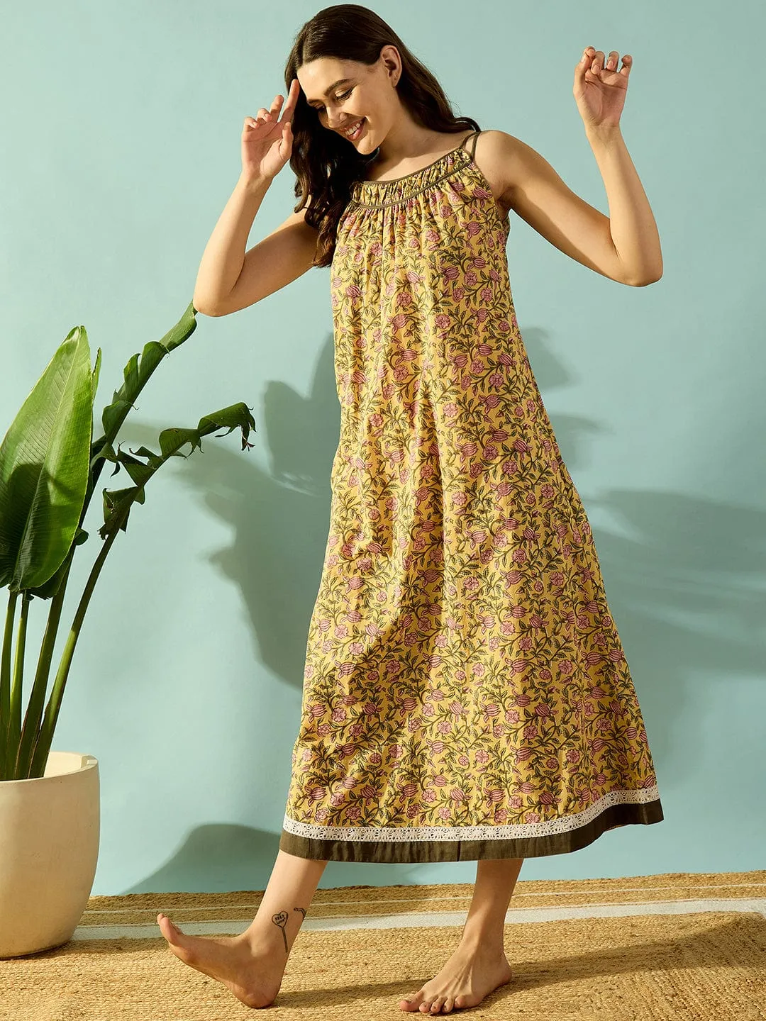 Yellow Petals Cotton Night Dress